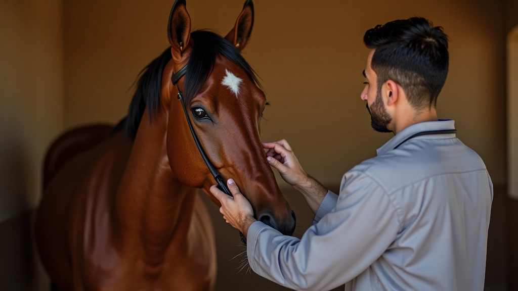 حصان عربي يتم فحصه من قبل متخصص في رعاية الخيول