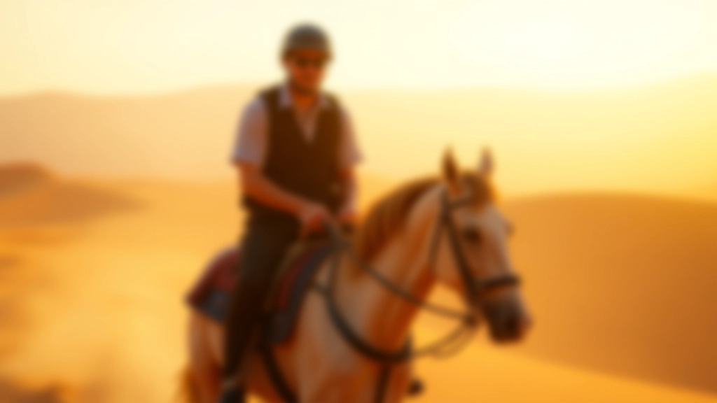 فارس محترف يركب حصانه في صحراء الفيوم مع معدات حماية كاملة