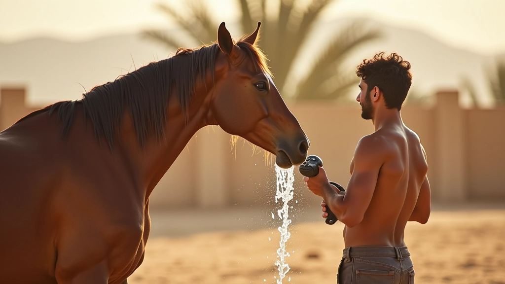 شخص يستحم حصان عربي أسمر بماء نظيف من خرطوم، الحصان واقف بهدوء، فناء المزرعة في الصباح