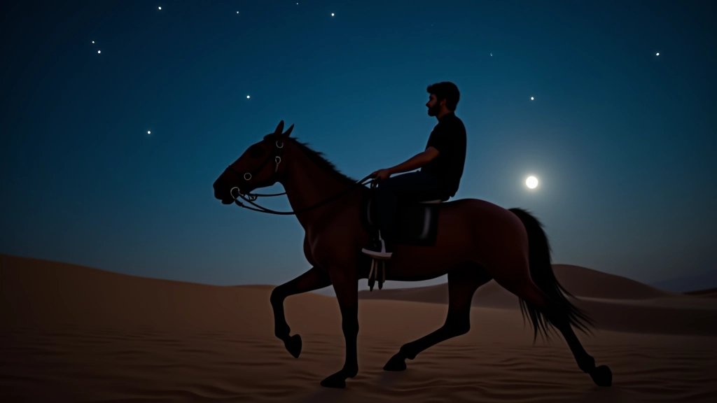 فارس يركب في الليل تحت النجوم مع إضاءة القمر الفضية على الرمال